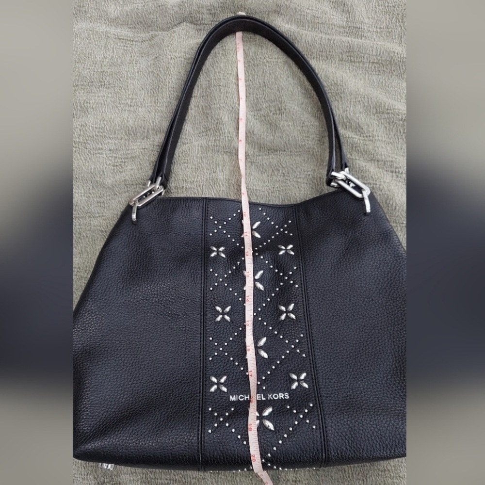 Michael Kors Leighton Large Black Pebbled Leather Shoulder Tote Silver Accent - Picture 12 of 13